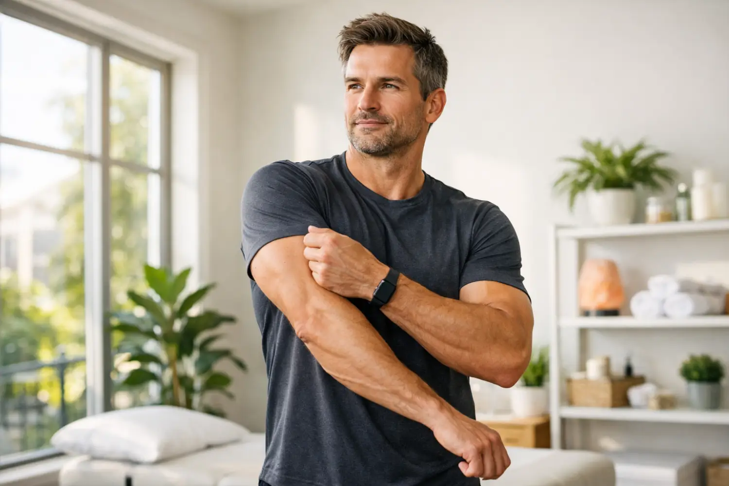 man adjusting sleeve in bright wellness clinic environment