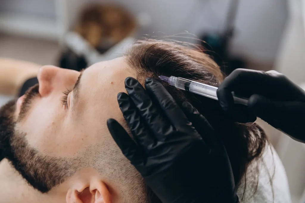 Practitioner injecting scalp during hair restoration treatment