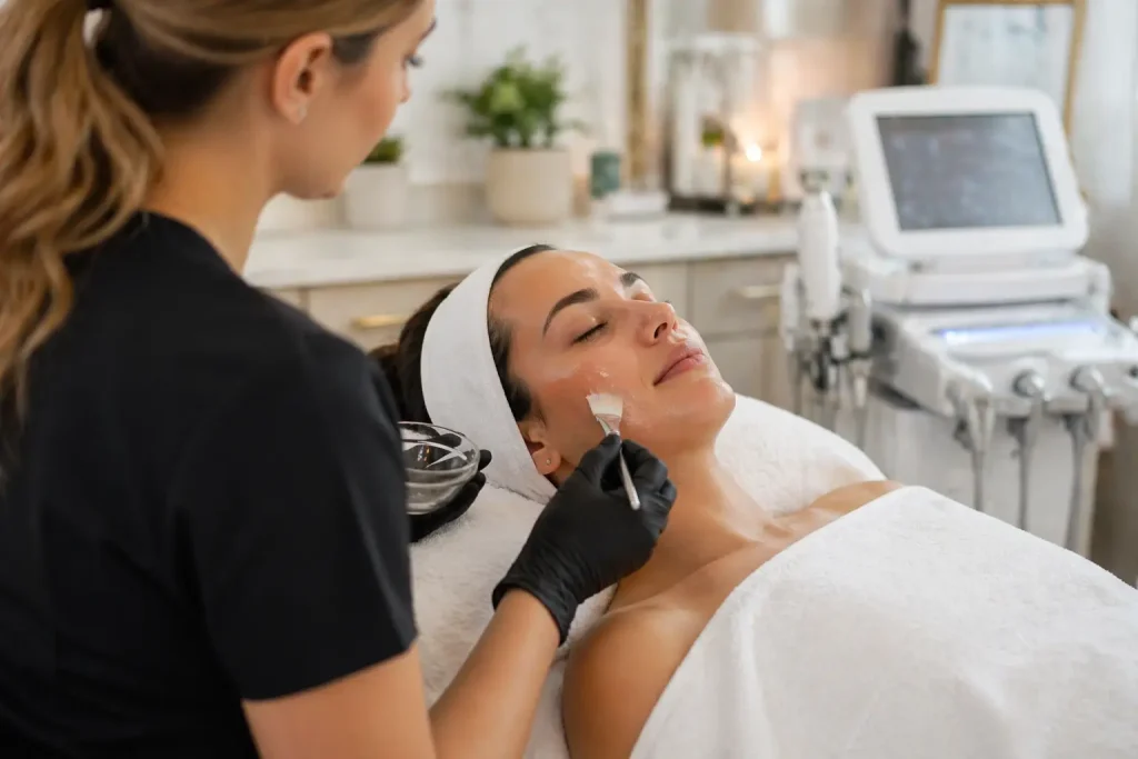 Practitioner applying facial treatment to woman’s cheek