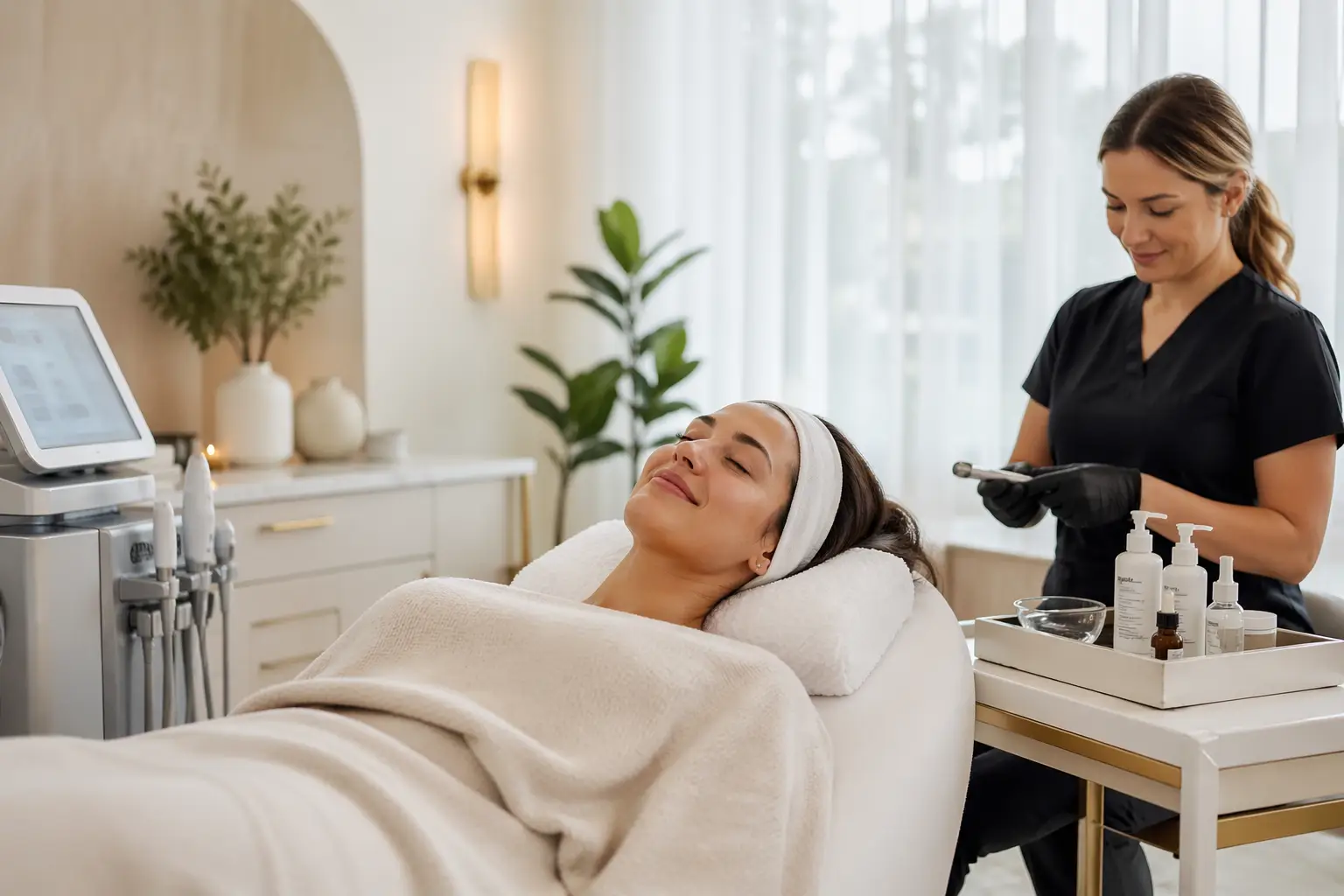 Woman relaxing during facial treatment in spa setting
