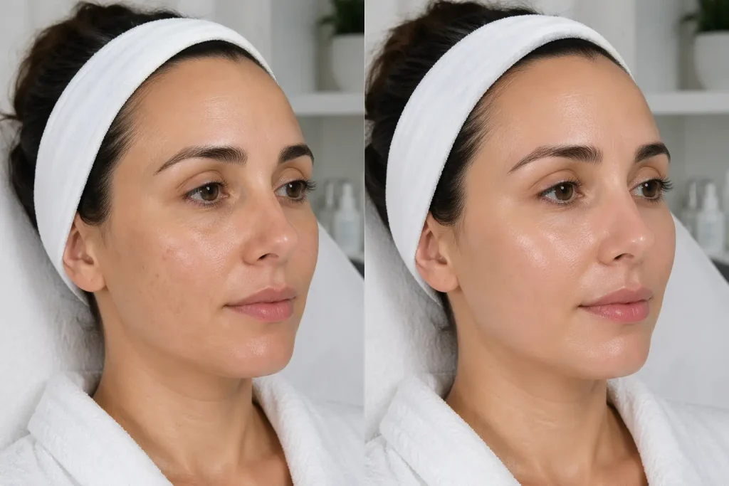 Woman relaxing during facial treatment in spa setting
