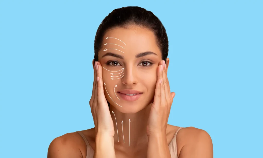 Woman touching face with arrows indicating lifting directions